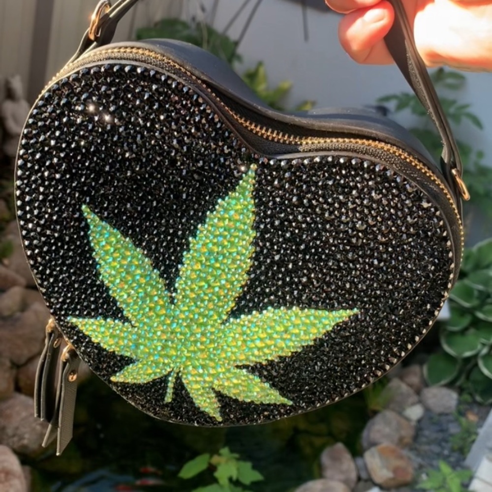 Handmade Rhinestone Weed MaryJane Vegan Leather Heart Purse